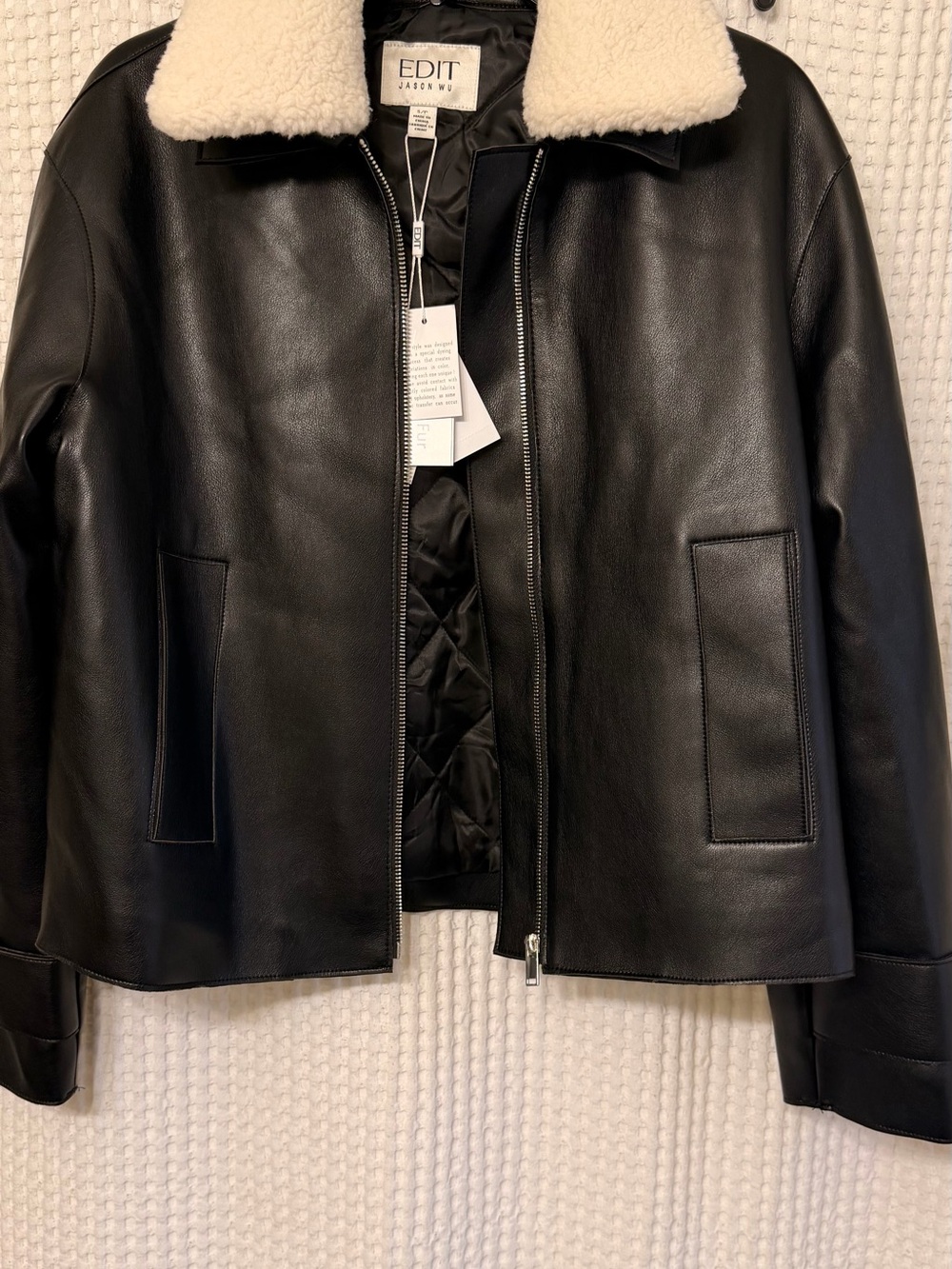 Jason Wu Black faux fur vegan Leather Jacket with Cream Sherpa Collar
